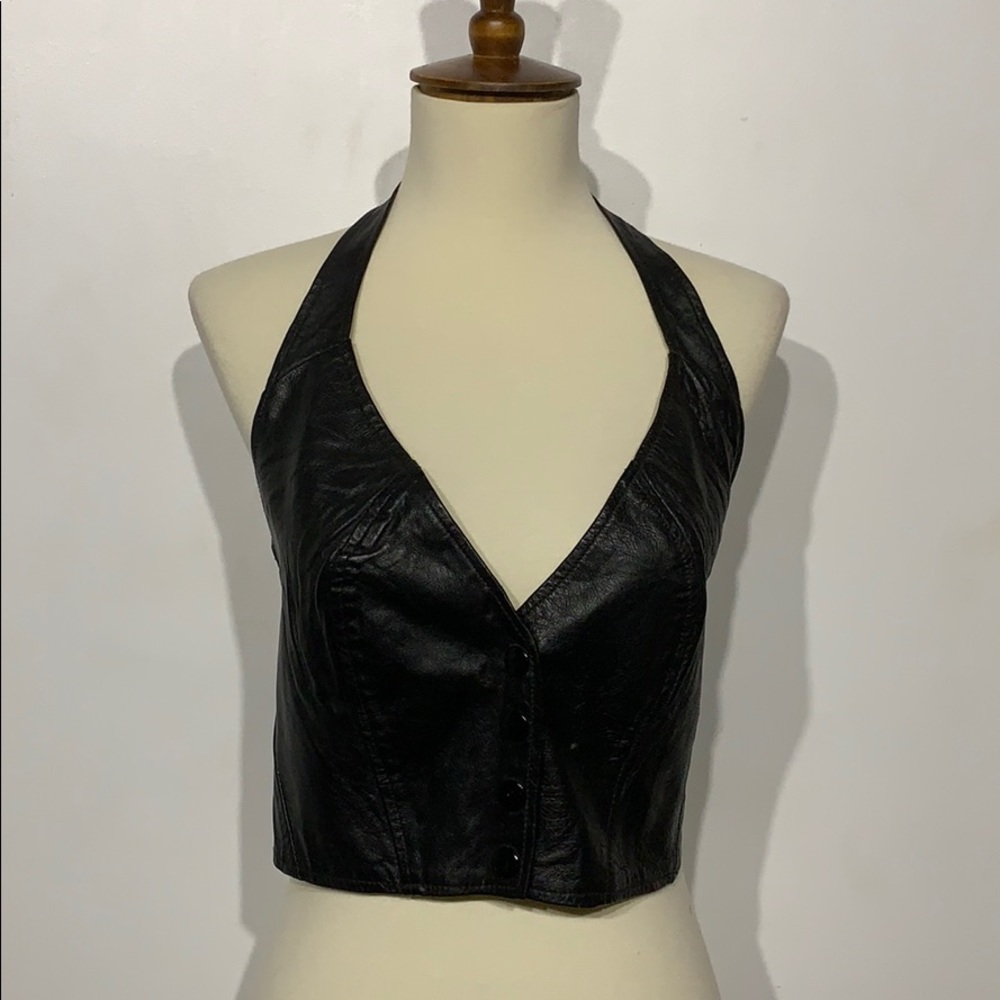 Vintage Black Leather Halter Bralette Moto Biker